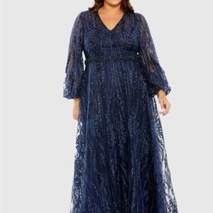 Mac Duggal Navy V Neck Puff Sleeve Embroidered A Line Gown